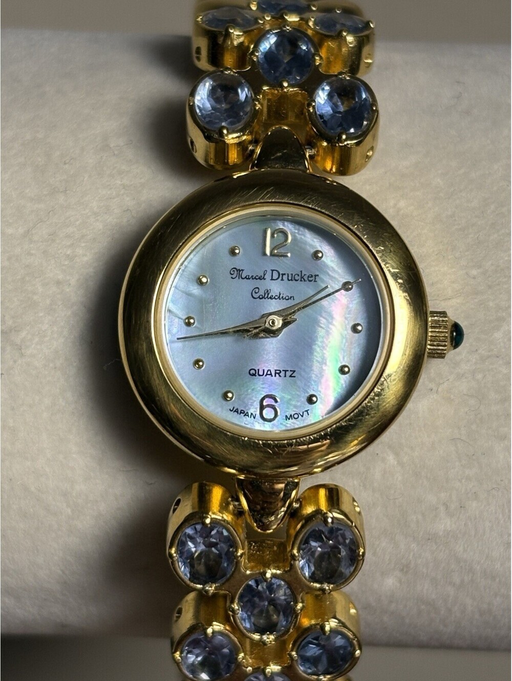 Vintage Marcel Drucker 22-587 Watch Gold Tone Purple/Blue Stones MOP Dial RUNS